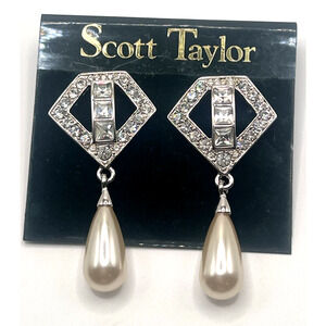 SCOTT TAYLOR Bagette Rhinestone Faux Pearl Dangle Earrings Vintage WEDDING
